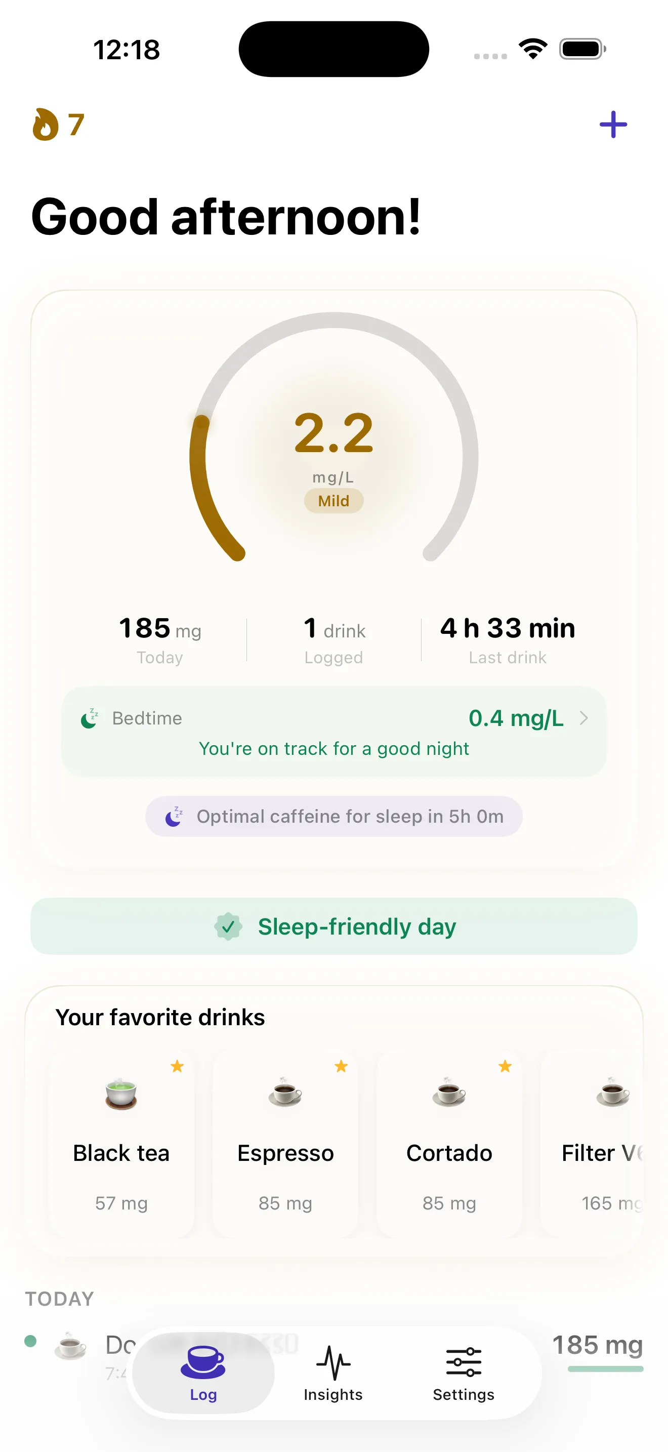 CaffIQ app home screen showing your live caffeine level and personal cutoff time